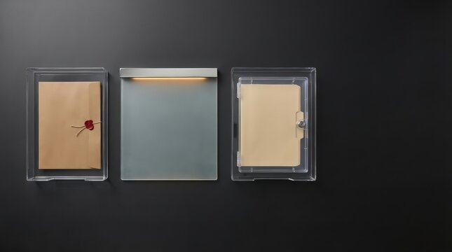 Secure document control workflow header with sealed compliance folder frosted privacy sleeve and locked archive case on dark executive desk