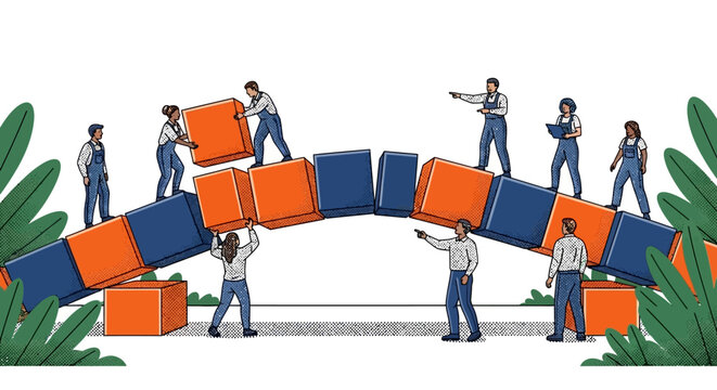 Diverse cross-functional team collaborating to build structural solutions and bridge communication gaps in a modern corporate environment