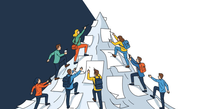 Innovative B2B content strategy and document management solution showing a professional team scaling a mountain of data and paperwork
