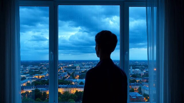 Person gazing at cityscape through window