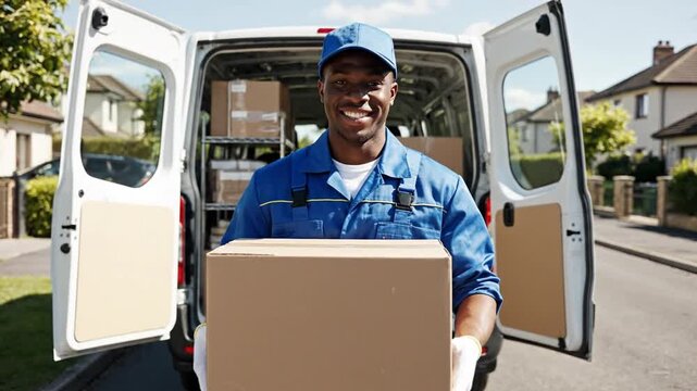 Delivery worker in blue uniform holds a boxed parcel from the back of a white van on a sunny street