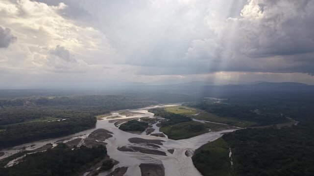Aerial View of Amazon Rainforest River Landscape in Ecuador