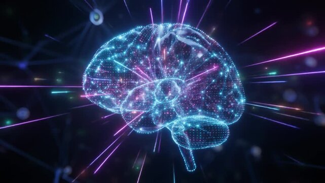 Dynamic wireframe brain pulsating with luminous digital connections, symbolizing the complexity of artificial intelligence, neuroscience, and advanced cognitive functions