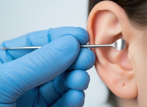 A close-up view of a person's ear being cleaned with a metal ear pick by a hand in a blue medical glove.