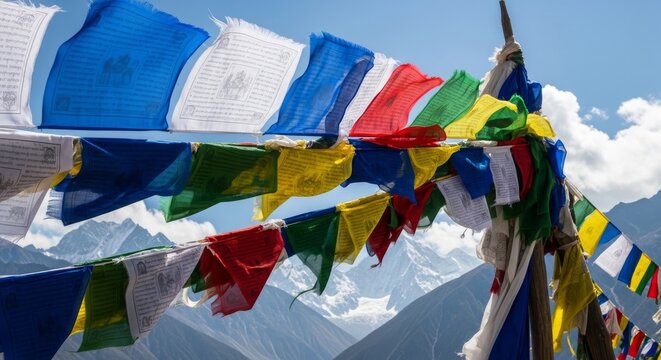 Colorful Tibetan Prayer Flags Fluttering in Mountain Winds