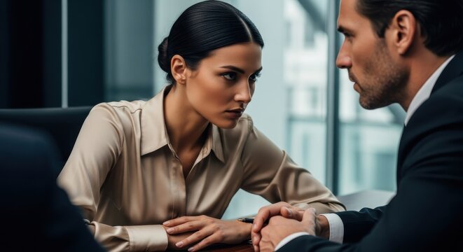 Intense professional discussion occurs between a serious woman and a man across a conference table