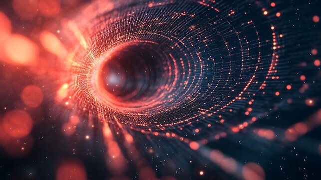 Abstract red data tunnel with digital particles futuristic design concept