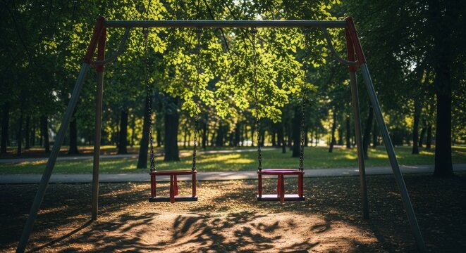Empty swing set gently swaying in a sunlit park