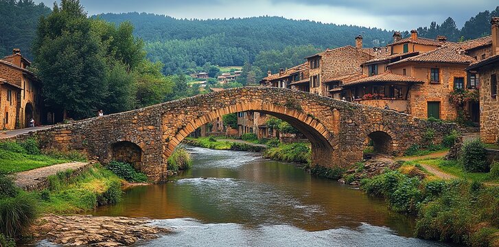 Stone Bridge Over River in Village