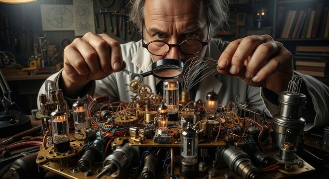 Inventor focuses intently on complex contraption