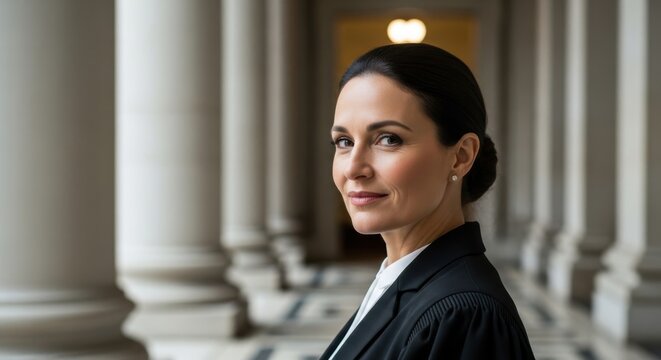 Professional woman wearing formal attire stands confidently in a classical architectural setting