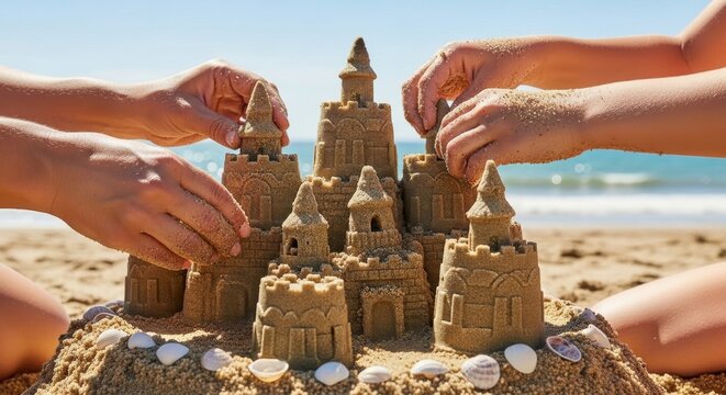 Hands building intricate sandcastle on sunny beach