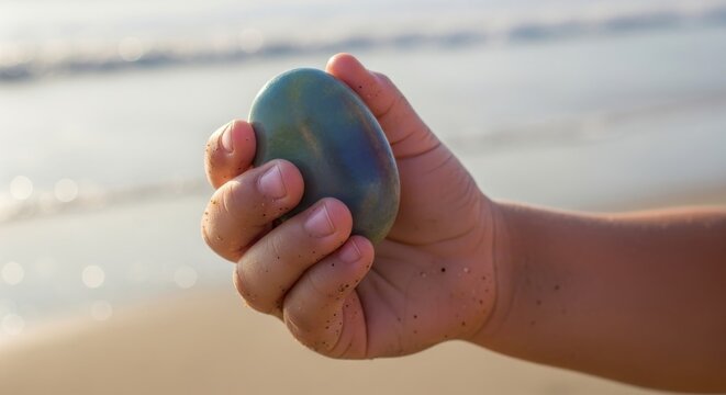Child's Hand Holding a Smooth Blue-Green Stone