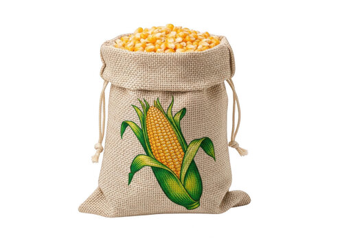 A sack filled with golden corn kernels and a single ear of corn
