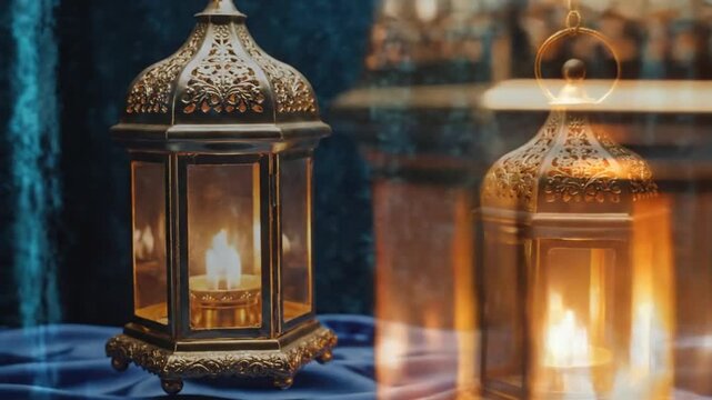Two golden ornate lanterns with lit candles on blue velvet.