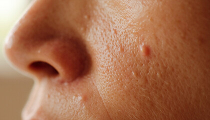 Fototapeta premium Examining the intricate texture of human facial skin, revealing visible pores and a noticeable blemish, a common sight in dermatological health
