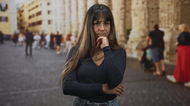 Young woman with hand on chin thinking gesture and crossed arm, wearing navy sweater and pendant necklace on a cobblestone street with historic colonnade; thoughtful reflection.