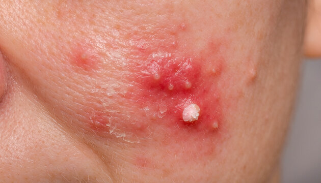 Detailed macro view of inflamed facial skin, prominently displaying severe acne breakouts with multiple whiteheads and red pustules, indicative of a common dermatological condition requiring attention