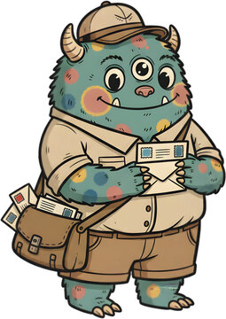 Monster mailman character wearing a tan uniform and carrying a bag full of letters. This high quality image is suitable for delivery service ads or community hero themes.