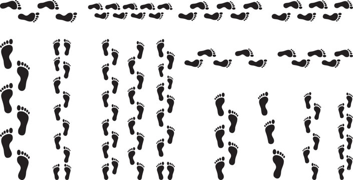 Human Barefoot Walking Trail Silhouette Icon Set - Straight Path Variations.