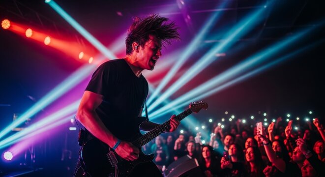 Passionate Guitarist Performing Live On Stage With Crowd