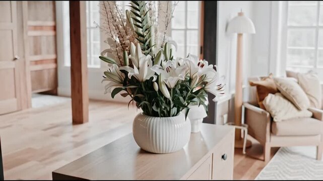 Elegant white lilies and dried grasses arranged in a textured ceramic vase grace a modern wooden console table in a bright airy living room setting