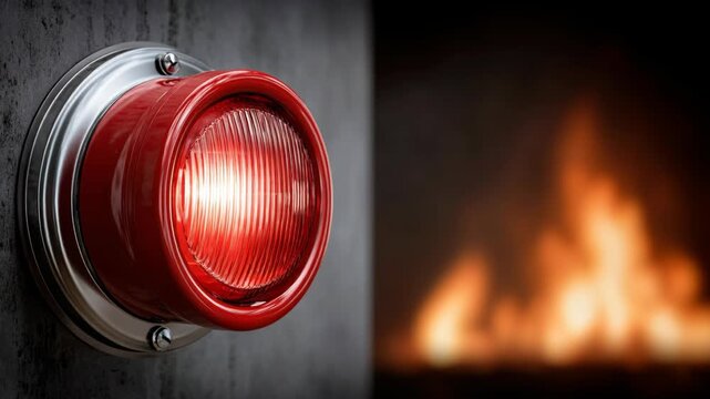 A bright red fire alarm strobe light flashes on a wall with blurry orange flames in the background.