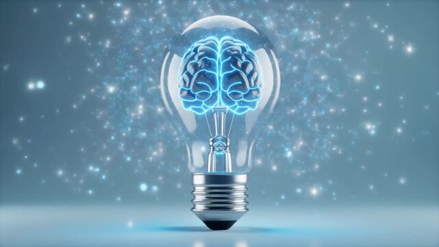 A glowing brain inside a light bulb sparks with blue light representing intelligence and innovation. Available on 4K video.