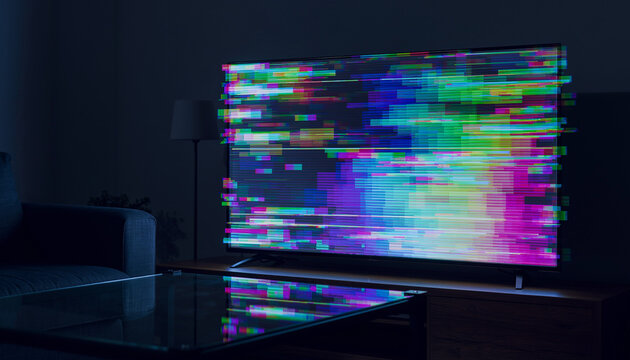 Modern television with colorful digital static and pixelated interference showcasing a signal error or corrupted data display in a dark home environment