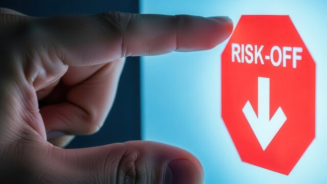 A strategic human index finger, illuminated with dramatic blue backlighting, is intently pressing a glowing red 'RISK-OFF' button with a prominent downward arrow on a digital interface, vividly