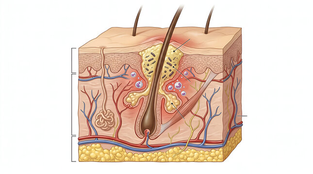 Human Skin Layers Showing Acne and Oil Blockage