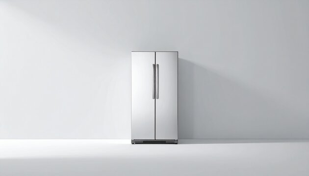 Side by side refrigerator appliance isolated on clean white background in minimalist studio setting showing contemporary kitchen design