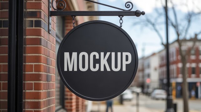 Elegant round black hanging sign mockup template displayed on a traditional brick building, ideal for showcasing storefront branding and advertising designs.