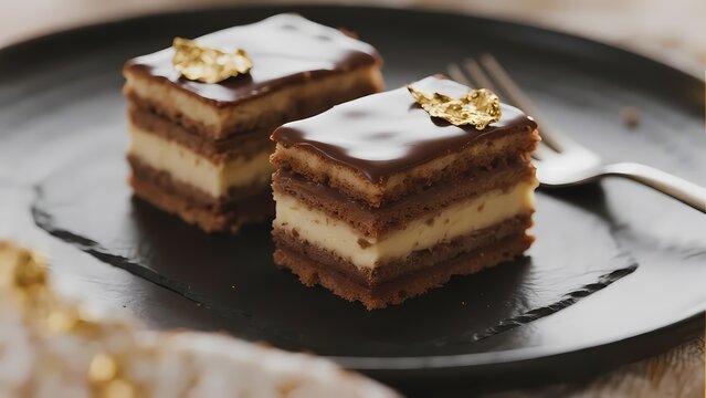 Two layered chocolate and cream dessert squares with gold leaf on a black plate
