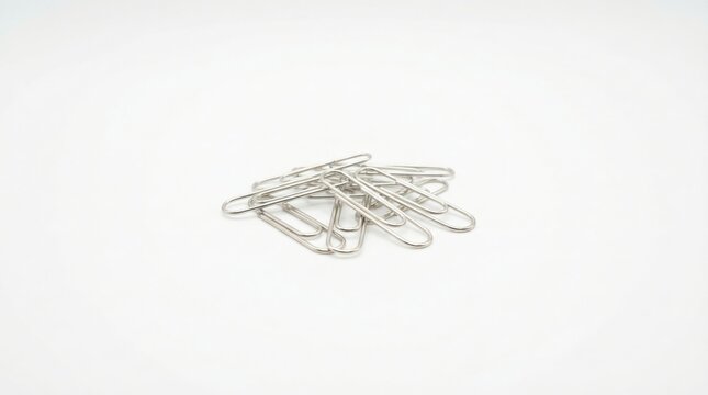 Silver paper clips pile on white background