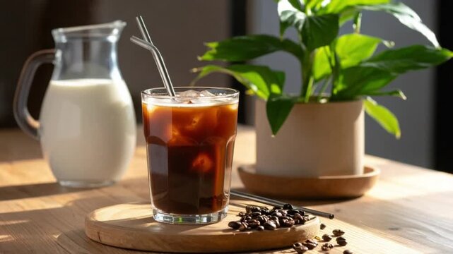 Refreshing iced coffee with milk, coffee beans, and a green plant on a wooden table