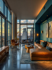 Obraz premium Spacious modern living room with floor-to-ceiling windows and city skyline view