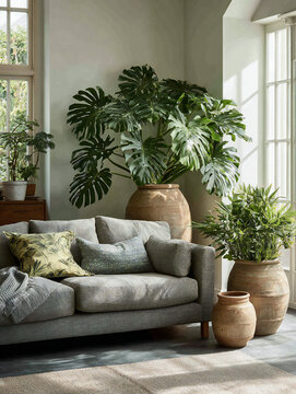 Sunlit modern living room with oversized monstera ferns and terracotta pots
