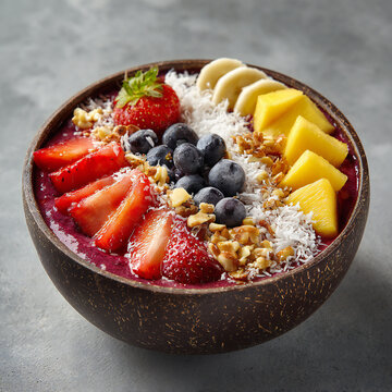 Fresh acai bowl with tropical fruits, coconut flakes and nuts, vibrant food photography flat lay
