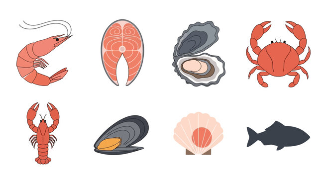 An illustration of various seafood including shrimp, crab, lobster, and mollusks on white background.