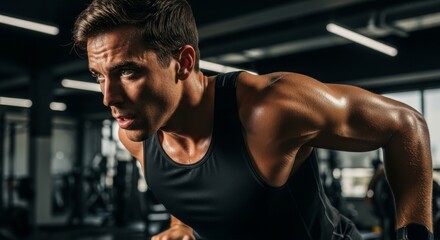 Fototapeta premium Fit Man Pushing Limits During Intense Gym Workout