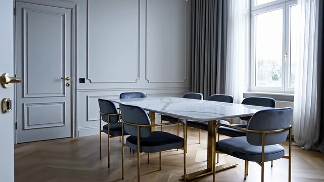 Elegant dining room interior with marble table and velvet chairs
