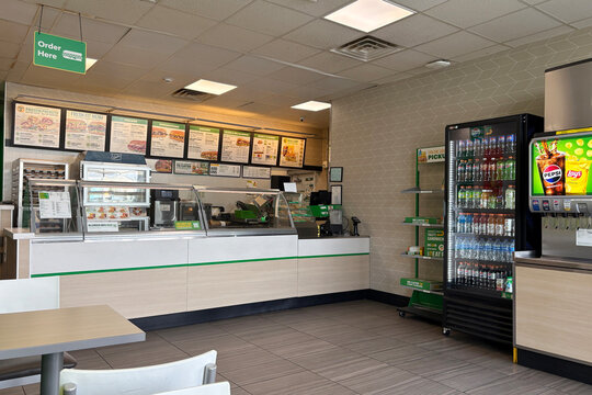 The interior of a fast food sandwich restaurant chain Subway featuring Pepsi and Lays chips in Stamford, Connecticut on March 26, 2026.