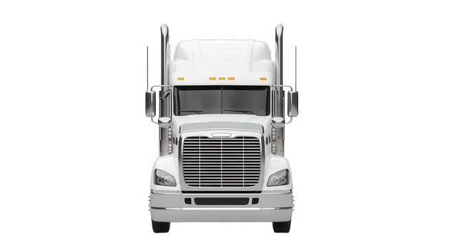 White freightliner semi truck front view isolated on transparent background
