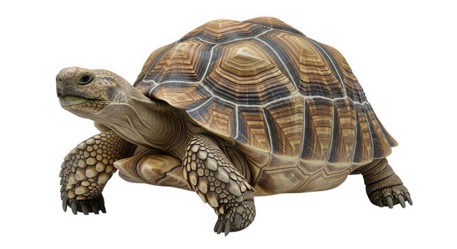 Brown tortoise with textured shell walking isolated on transparent background