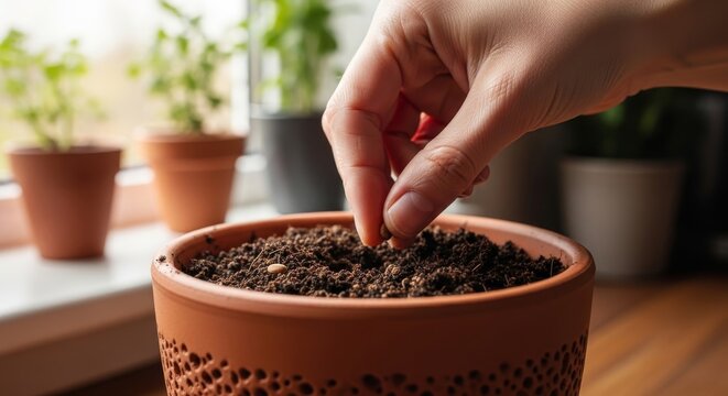 Hand Planting Seeds in Terracotta Pot for Garden Growth
