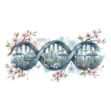 Conceptual illustration of DNA "City of Spirals": cyberpunk biodesign, microcosm and macrocosm, isolated on white background.