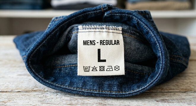 Close-up of a men's size L clothing label on blue denim jeans with laundry care icons