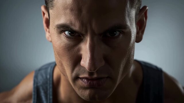 Intense muscular man portrait with dramatic lighting and stern, determined expression