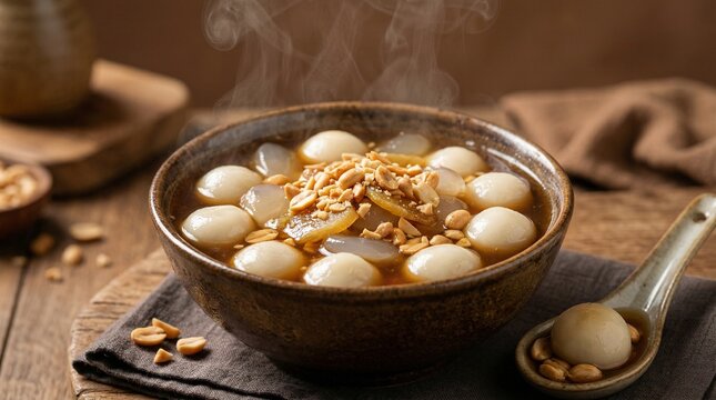 Steamy Ginger Glow Photorealistic Wedang Ronde with Glutinous Balls and Syrup Viscosity